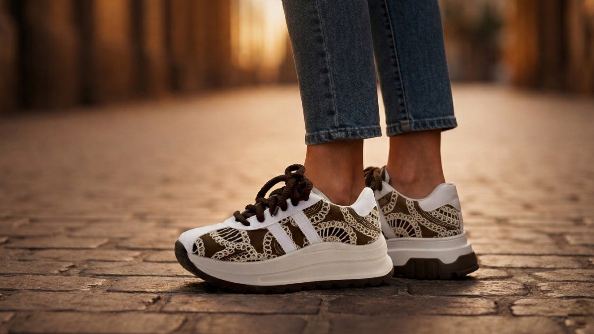 Zapatillas de plataforma blanca con bordado cafe sobre adoquines